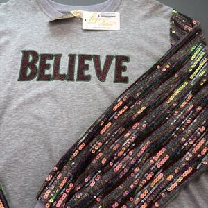 NWT Layerz Clothing "Believe" Top Grey W/ Multi Glitter Sequins Santa XL Bling‎